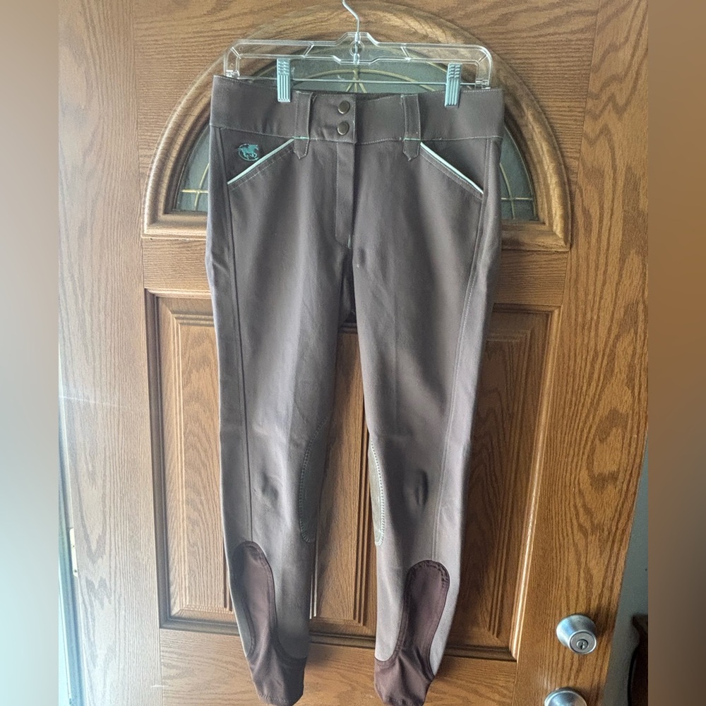 Equestrian Piper Breeches 26L Riding Pants LTBrown/Mint. piping Great Condition!